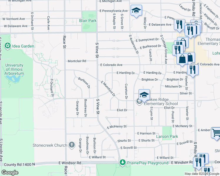 map of restaurants, bars, coffee shops, grocery stores, and more near 406 East Mumford Drive in Urbana