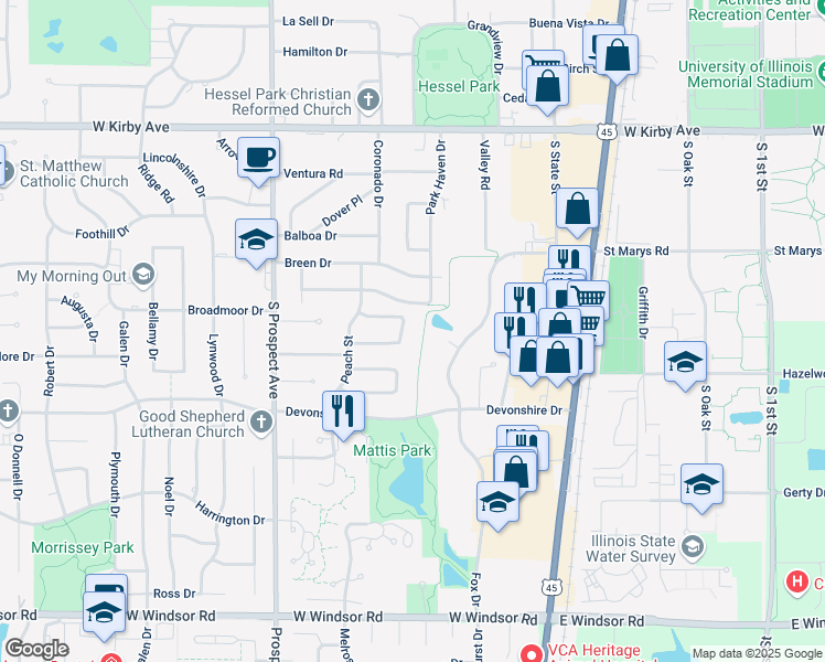 map of restaurants, bars, coffee shops, grocery stores, and more near 21 Ashley Lane in Champaign