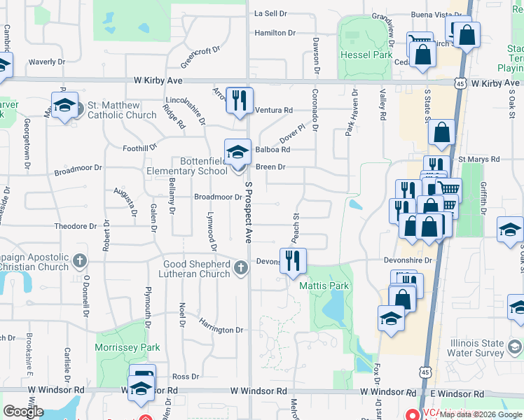 map of restaurants, bars, coffee shops, grocery stores, and more near 10 Litchfield Ln in Champaign