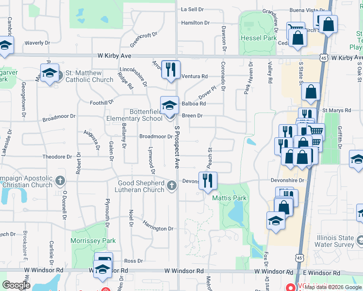 map of restaurants, bars, coffee shops, grocery stores, and more near 10 Litchfield Lane in Champaign