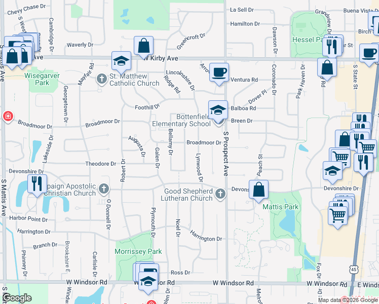 map of restaurants, bars, coffee shops, grocery stores, and more near 1903 Lynwood Drive in Champaign