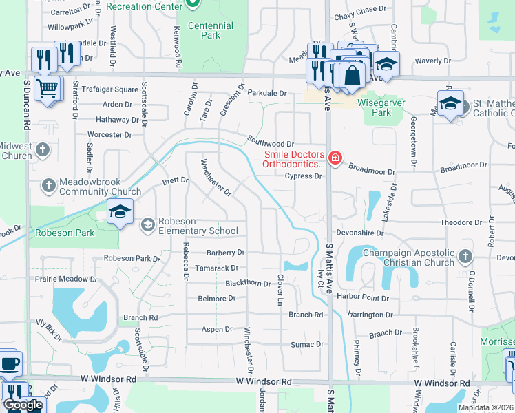 map of restaurants, bars, coffee shops, grocery stores, and more near 1909 Crescent Drive in Champaign