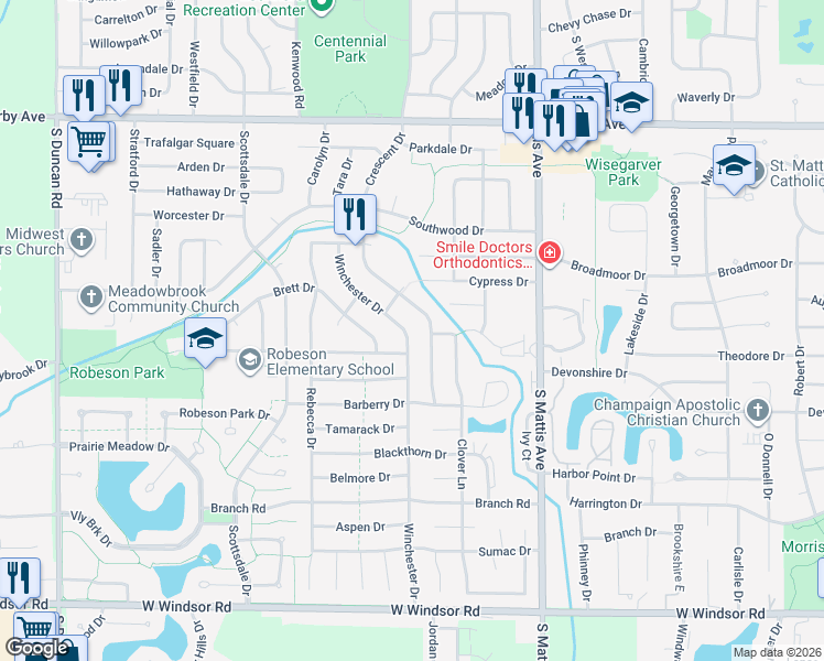 map of restaurants, bars, coffee shops, grocery stores, and more near 1909 Crescent Drive in Champaign