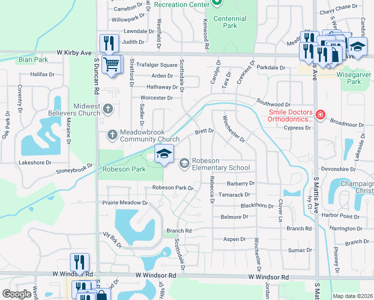 map of restaurants, bars, coffee shops, grocery stores, and more near 1914 Rugby Road in Champaign