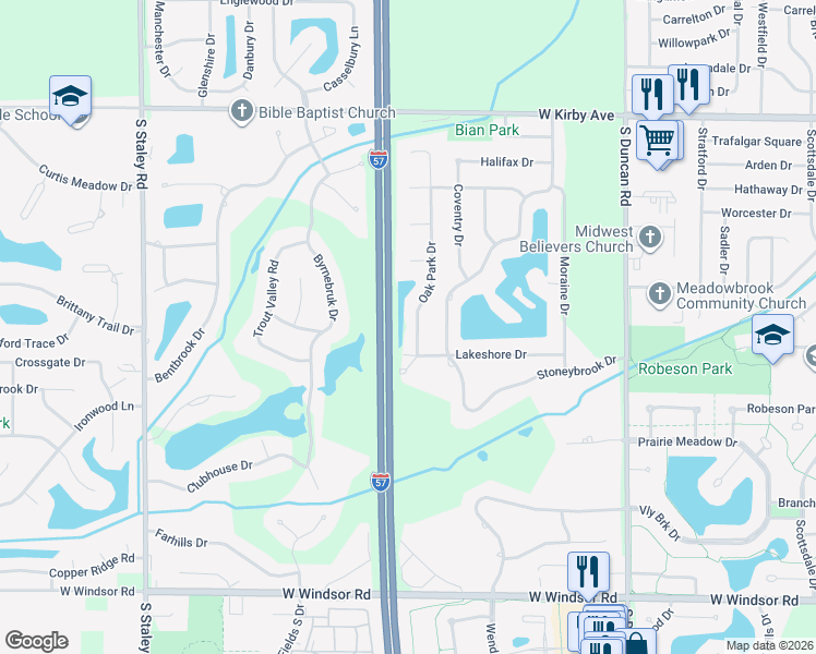 map of restaurants, bars, coffee shops, grocery stores, and more near 1917 Oak Park Drive in Champaign