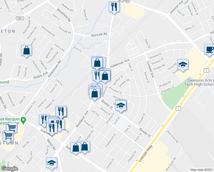 map of restaurants, bars, coffee shops, grocery stores, and more near Wistaria Street in Philadelphia