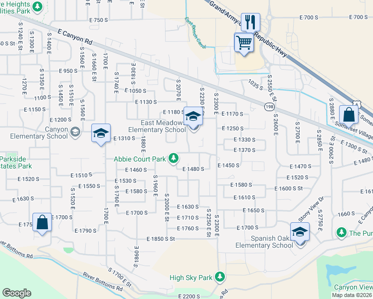 map of restaurants, bars, coffee shops, grocery stores, and more near 2079 East 1400 South in Spanish Fork