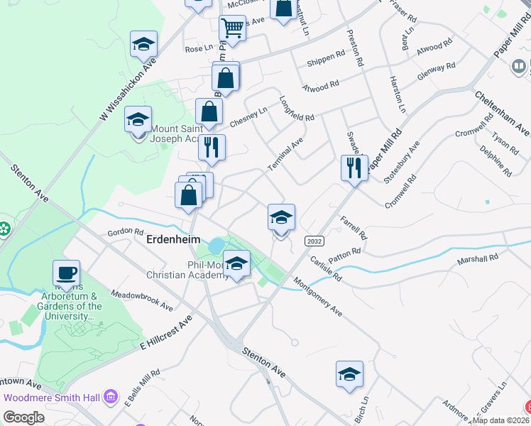 map of restaurants, bars, coffee shops, grocery stores, and more near 215 Yeakel Avenue in Erdenheim