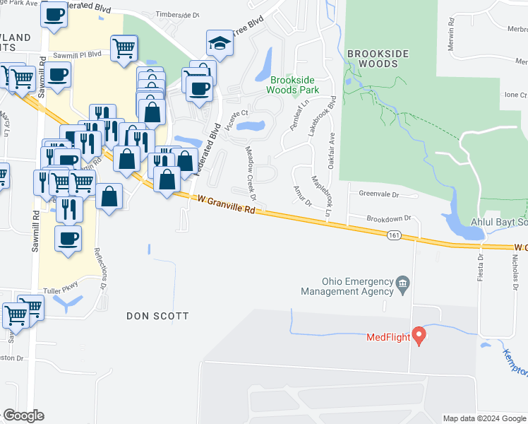 map of restaurants, bars, coffee shops, grocery stores, and more near 2416 Meadow Creek Drive in Columbus