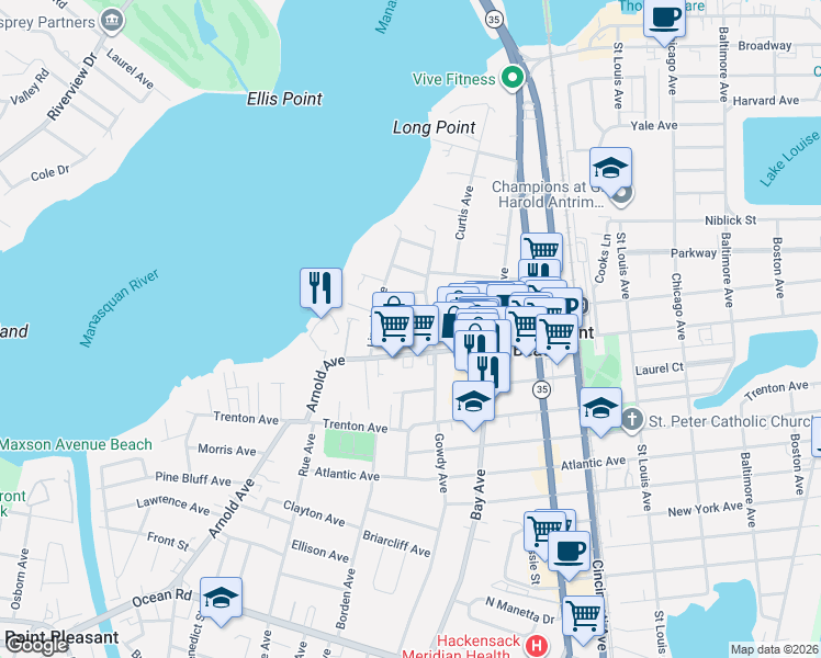 map of restaurants, bars, coffee shops, grocery stores, and more near 808 Grove Street in Point Pleasant Beach
