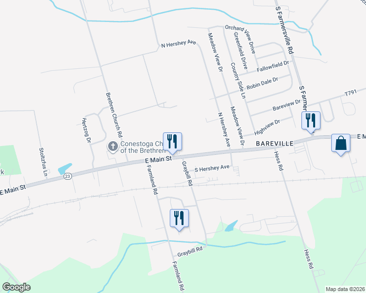 map of restaurants, bars, coffee shops, grocery stores, and more near 203 East Main Street in Leacock-Leola-Bareville