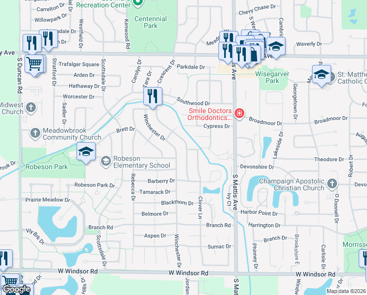 map of restaurants, bars, coffee shops, grocery stores, and more near 1909 Crescent Drive in Champaign