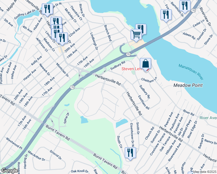 map of restaurants, bars, coffee shops, grocery stores, and more near 8 Impatiens Court in Brick Township