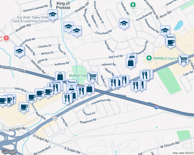 map of restaurants, bars, coffee shops, grocery stores, and more near 160 Nancys Lane in King of Prussia
