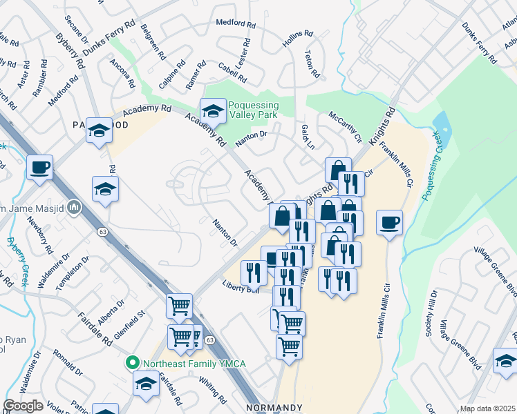 map of restaurants, bars, coffee shops, grocery stores, and more near 12560 Biscayne Drive in Philadelphia