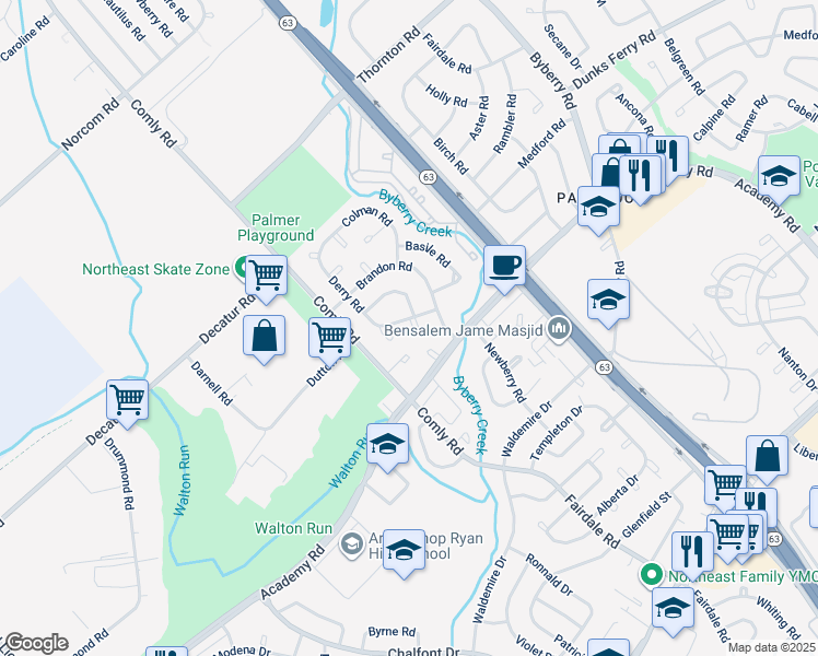 map of restaurants, bars, coffee shops, grocery stores, and more near 11717 Corry Place in Philadelphia