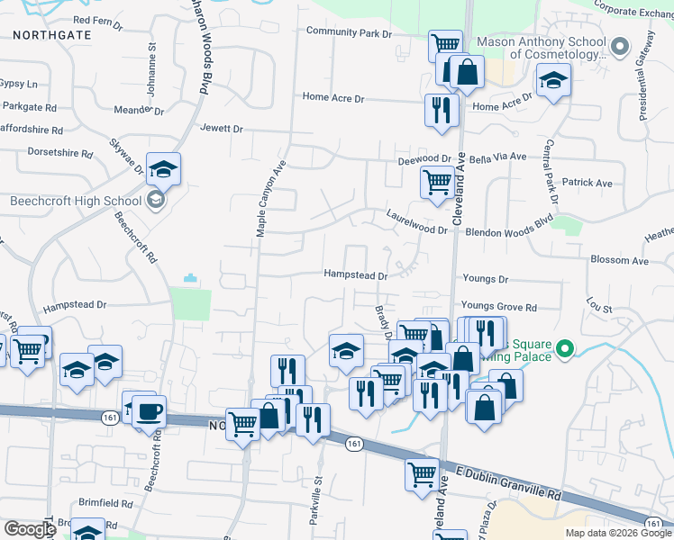 map of restaurants, bars, coffee shops, grocery stores, and more near 6015 Pinemoor Street in Columbus