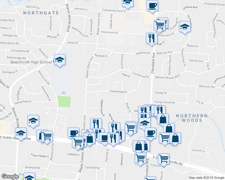 map of restaurants, bars, coffee shops, grocery stores, and more near 6015 Pinemoor Street in Columbus