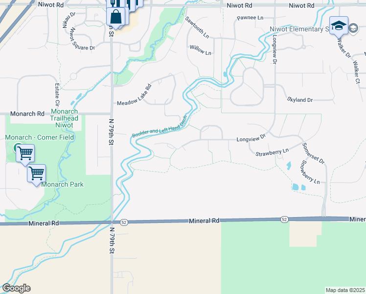 map of restaurants, bars, coffee shops, grocery stores, and more near 8073 Bellflower Court in Longmont