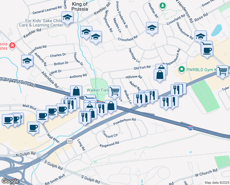 map of restaurants, bars, coffee shops, grocery stores, and more near 165 Nancys Lane in King of Prussia