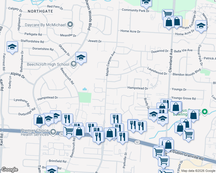 map of restaurants, bars, coffee shops, grocery stores, and more near 2150 Hampstead Drive in Columbus