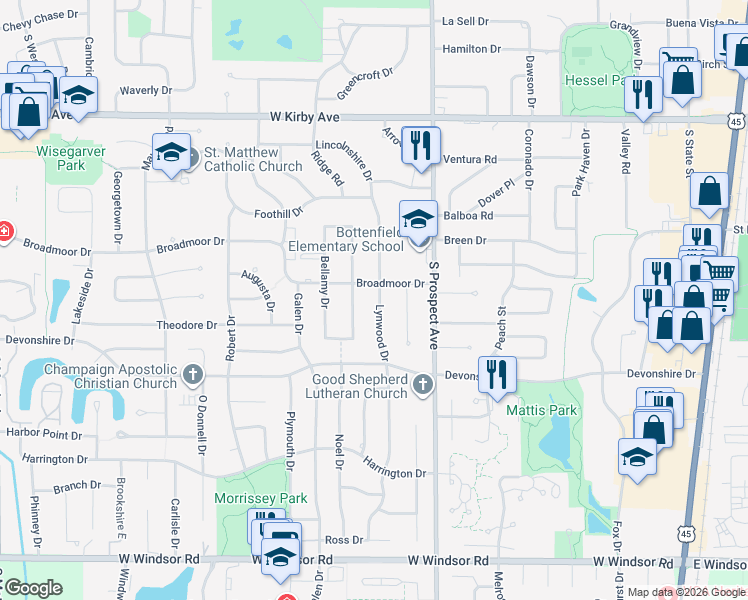 map of restaurants, bars, coffee shops, grocery stores, and more near 1903 Lynwood Drive in Champaign