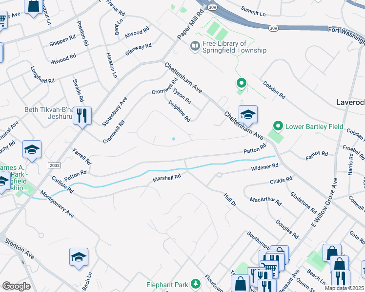 map of restaurants, bars, coffee shops, grocery stores, and more near 8560 Trumbauer Drive in Wyndmoor