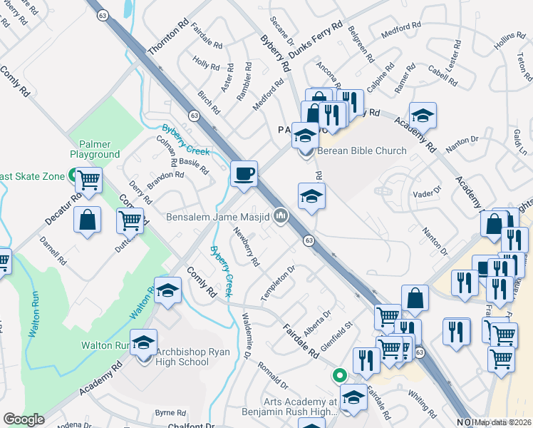 map of restaurants, bars, coffee shops, grocery stores, and more near 12097 Abby Road in Philadelphia