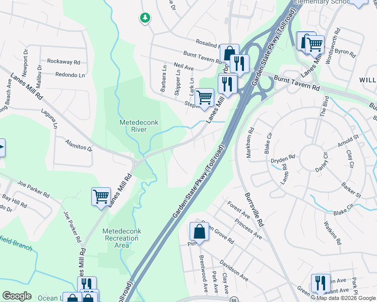 map of restaurants, bars, coffee shops, grocery stores, and more near 99 Old Lanes Mill Road in Brick Township