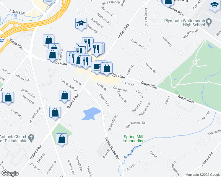 map of restaurants, bars, coffee shops, grocery stores, and more near 25 Taylor Road in Conshohocken