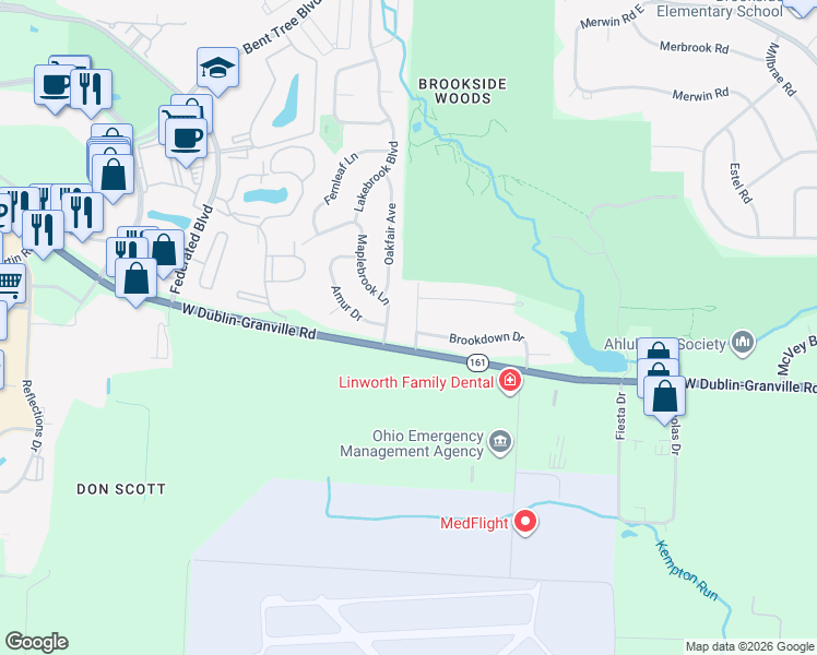 map of restaurants, bars, coffee shops, grocery stores, and more near 6349 Danbury Place in Columbus