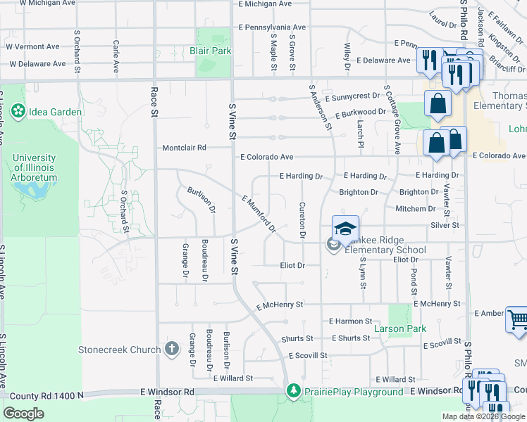 map of restaurants, bars, coffee shops, grocery stores, and more near 406 East Mumford Drive in Urbana