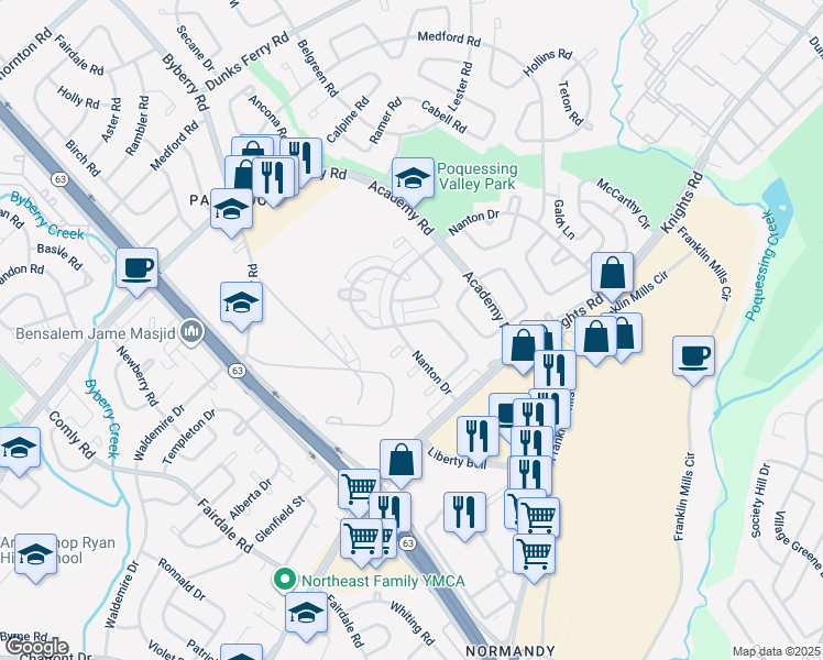 map of restaurants, bars, coffee shops, grocery stores, and more near 3708 Genesee Drive in Philadelphia