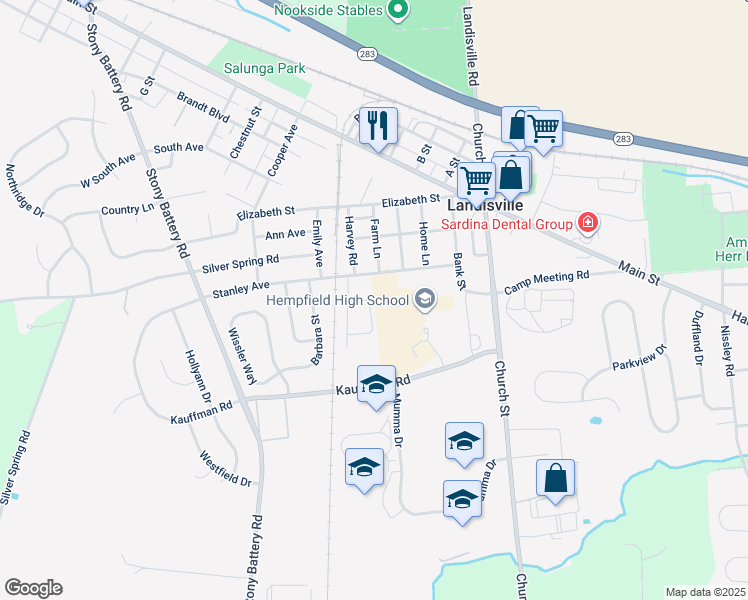 map of restaurants, bars, coffee shops, grocery stores, and more near 245 Lania Drive in Salunga-Landisville