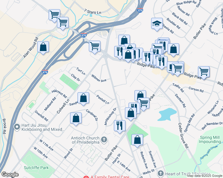 map of restaurants, bars, coffee shops, grocery stores, and more near 109 West North Lane in Conshohocken