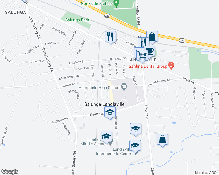map of restaurants, bars, coffee shops, grocery stores, and more near 245 Lania Drive in Salunga-Landisville