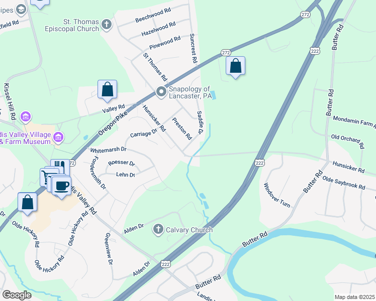 map of restaurants, bars, coffee shops, grocery stores, and more near 2502 Saddle Drive in Lancaster