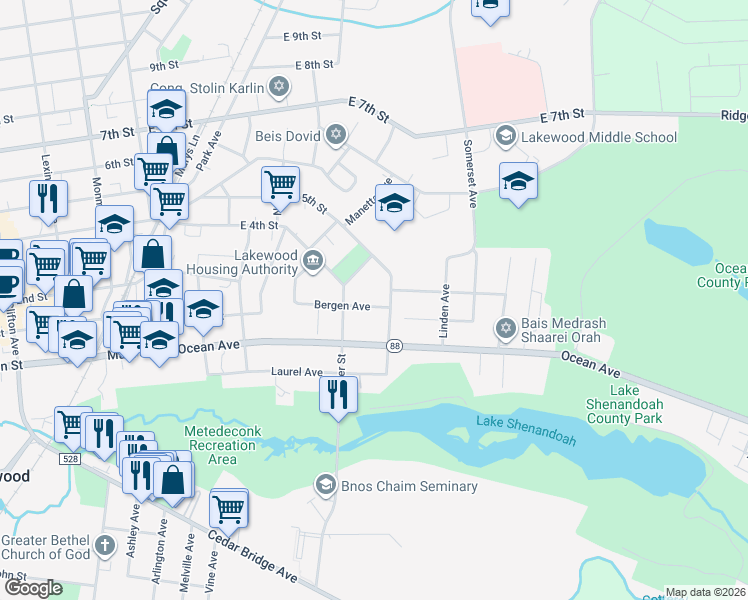map of restaurants, bars, coffee shops, grocery stores, and more near 425 Bergen Avenue in Lakewood