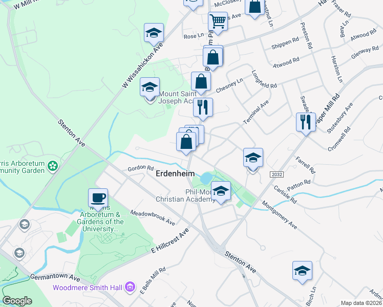 map of restaurants, bars, coffee shops, grocery stores, and more near Bethlehem Pike & Montgomery Avenue in Flourtown