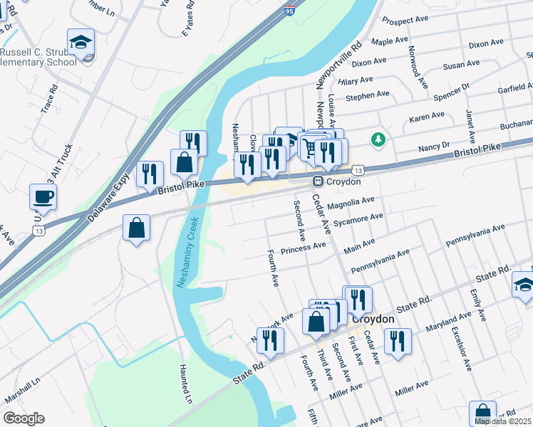 map of restaurants, bars, coffee shops, grocery stores, and more near 451 Magnolia Avenue in Croydon
