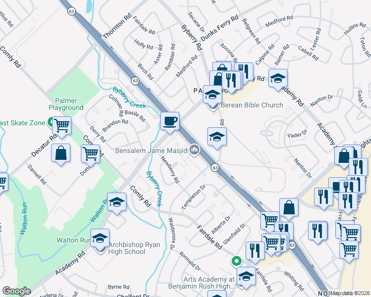 map of restaurants, bars, coffee shops, grocery stores, and more near 12097 Abby Road in Philadelphia