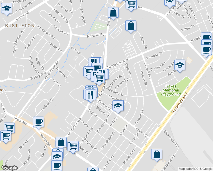 map of restaurants, bars, coffee shops, grocery stores, and more near 9803 Wistaria Street in Philadelphia