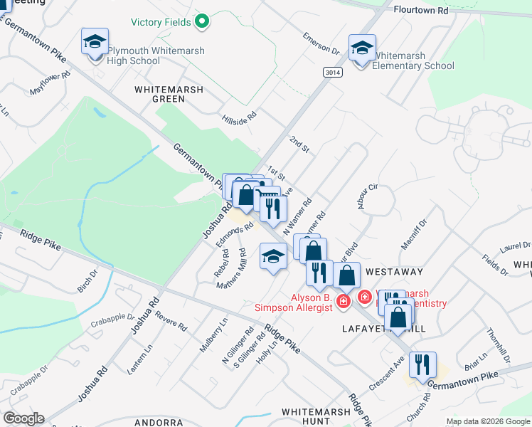 map of restaurants, bars, coffee shops, grocery stores, and more near 4002 Center Avenue in Lafayette Hill