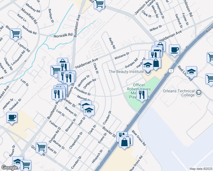 map of restaurants, bars, coffee shops, grocery stores, and more near 9828 Cowden Street in Philadelphia