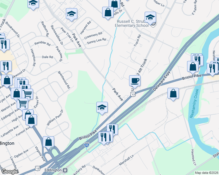 map of restaurants, bars, coffee shops, grocery stores, and more near 1112 Park Avenue in Bensalem