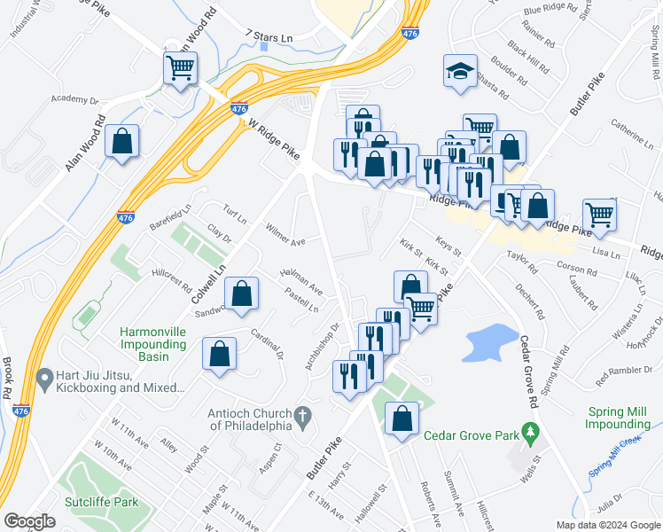 map of restaurants, bars, coffee shops, grocery stores, and more near 109 West North Lane in Conshohocken