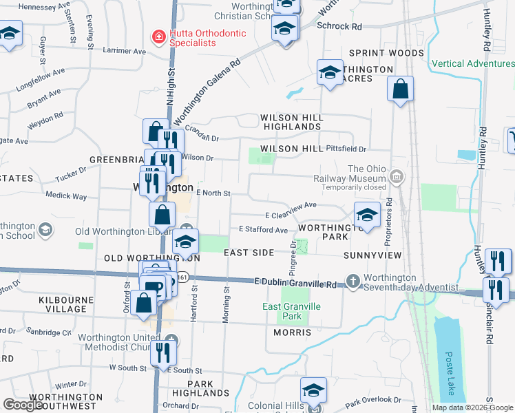 map of restaurants, bars, coffee shops, grocery stores, and more near 244 East Clearview Avenue in Worthington