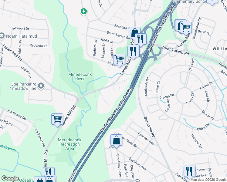 map of restaurants, bars, coffee shops, grocery stores, and more near 99 Old Lanes Mill Road in Brick Township