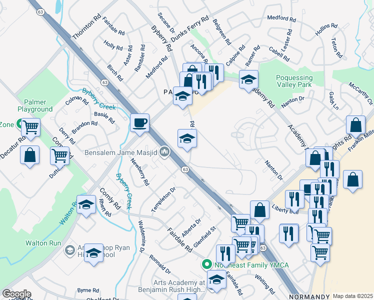map of restaurants, bars, coffee shops, grocery stores, and more near 3376 Byberry Road in Philadelphia