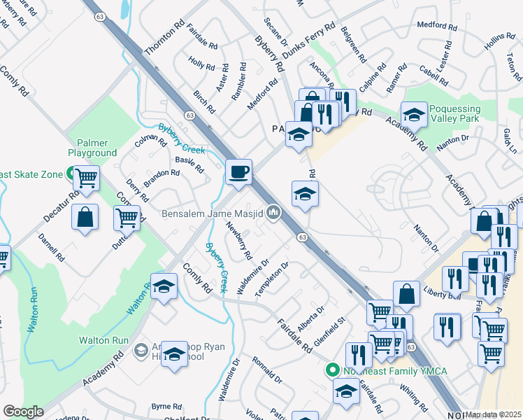 map of restaurants, bars, coffee shops, grocery stores, and more near 12092 Abby Road in Philadelphia